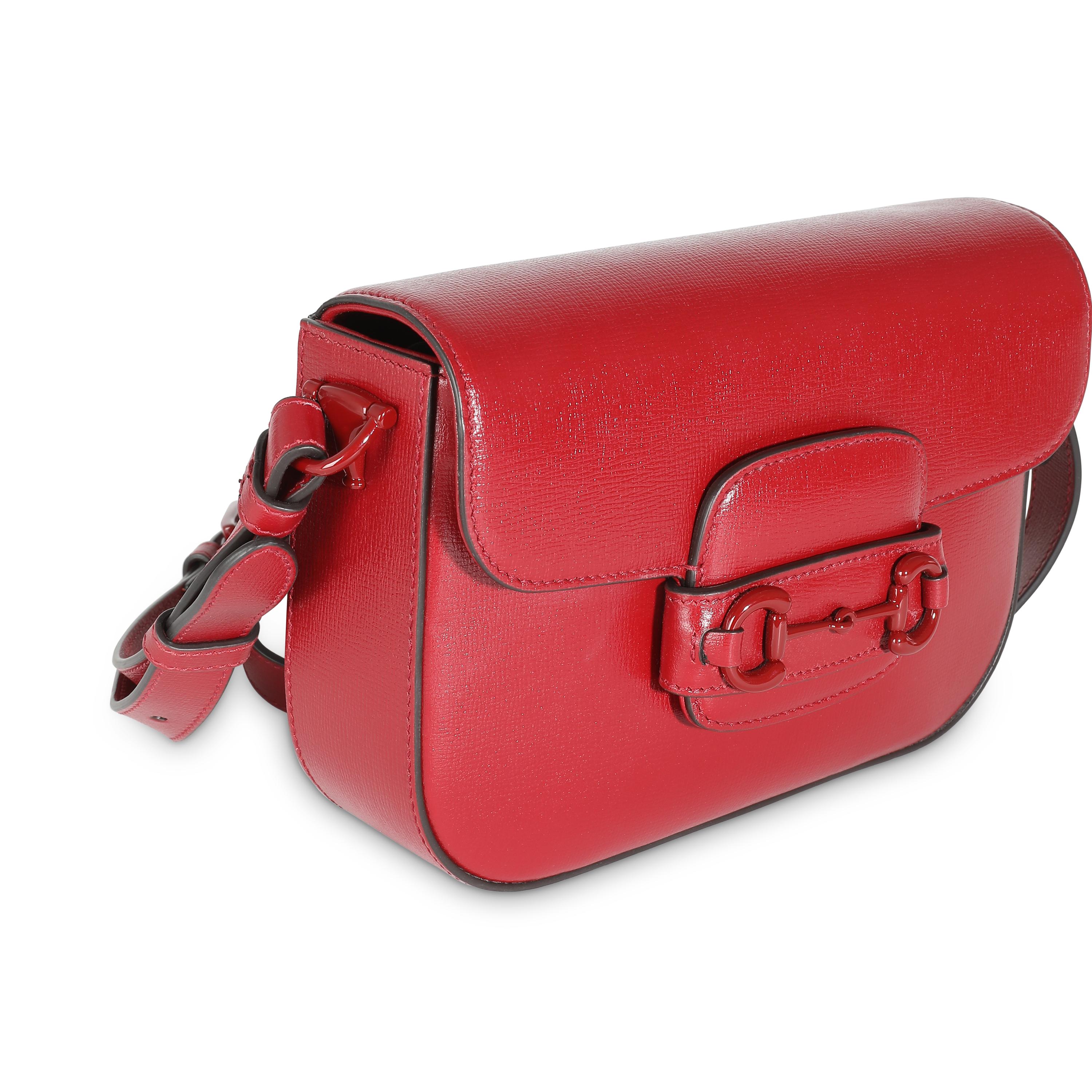 Gucci New Cherry Red Calfskin Mini Horsebit 1955 Bag In Excellent Condition For Sale In New York, NY