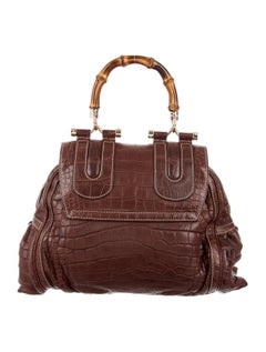 Gucci NEW Cognac Brown Crocodile Exotic Skin Bamboo Evening Satchel Shoulder Bag