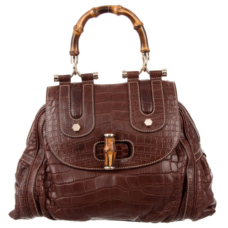 Gucci NEW Cognac Brown Crocodile Exotic Skin Bamboo Evening Satchel