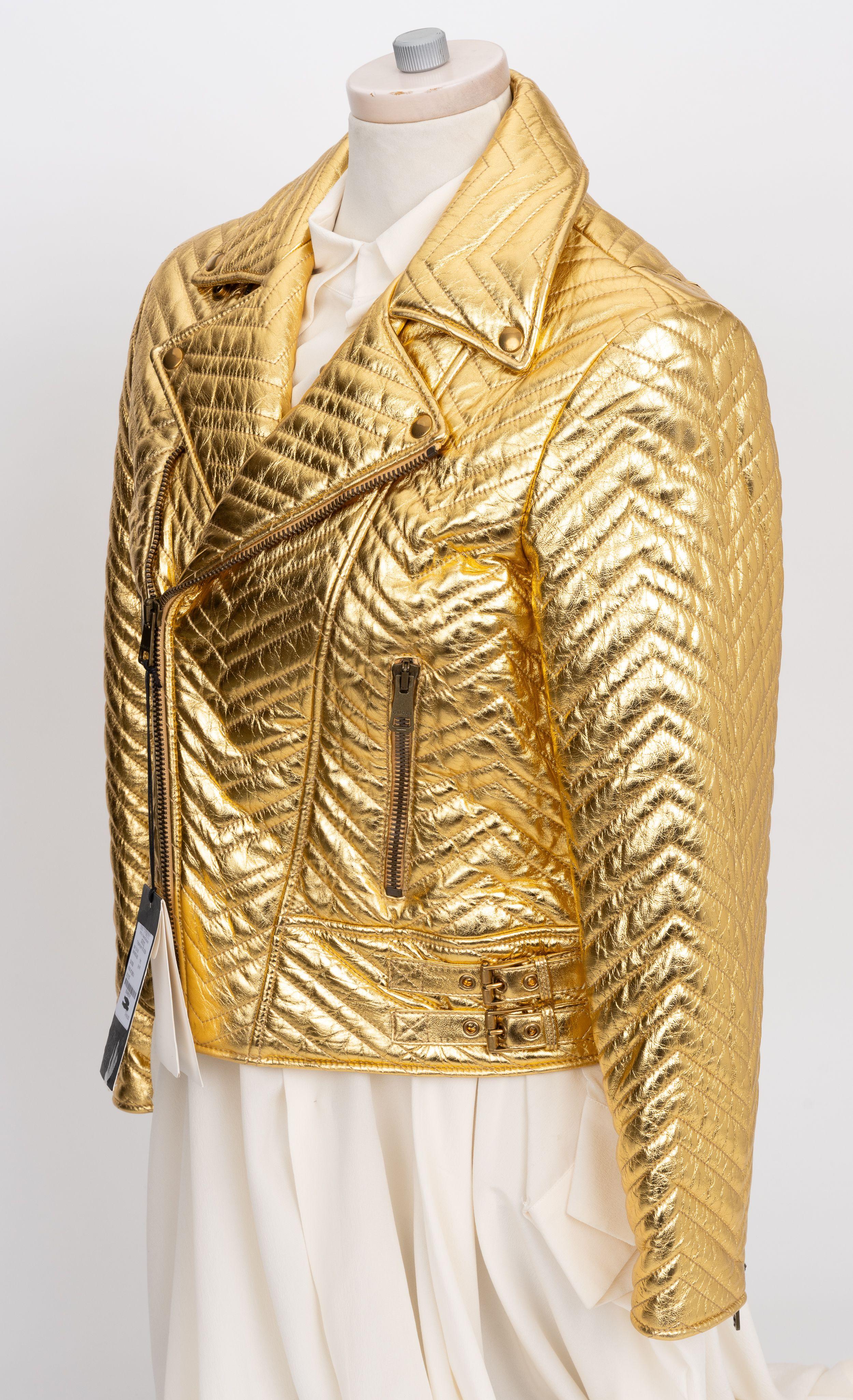 Gucci New Marmont Gold Biker Jacket In New Condition For Sale In West Hollywood, CA