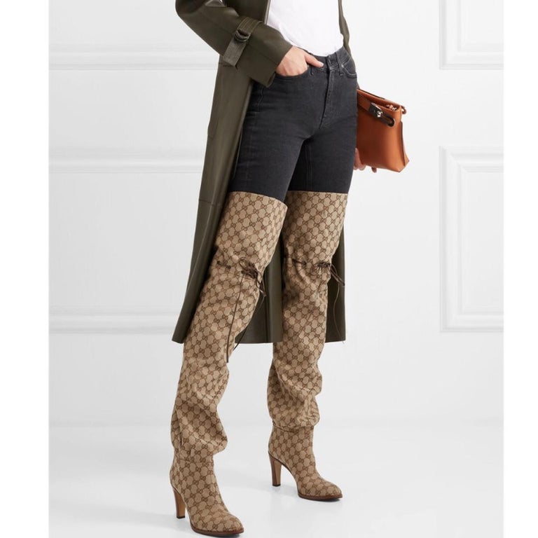 Gucci NEW Monogram Canvas Brown Leather Tie Logo Tall Thigh High Boots in  Box