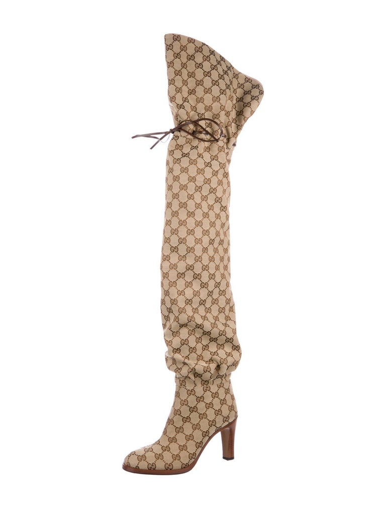 Gucci NEW Monogram Canvas Brown Leather Tie Logo Tall Thigh High Boots ...