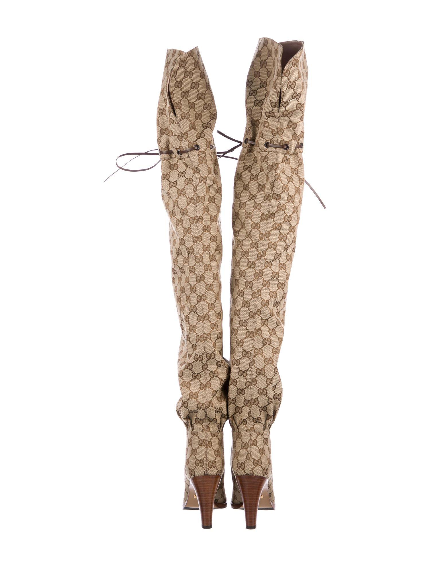 Women's Gucci NEW Monogram Canvas Brown Leather Tie Logo Tall Thigh High Boots in Box
