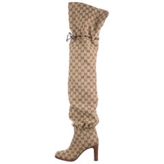 Gucci NEW Monogram Canvas Brown Leather Tie Logo Tall Thigh High Boots in Box