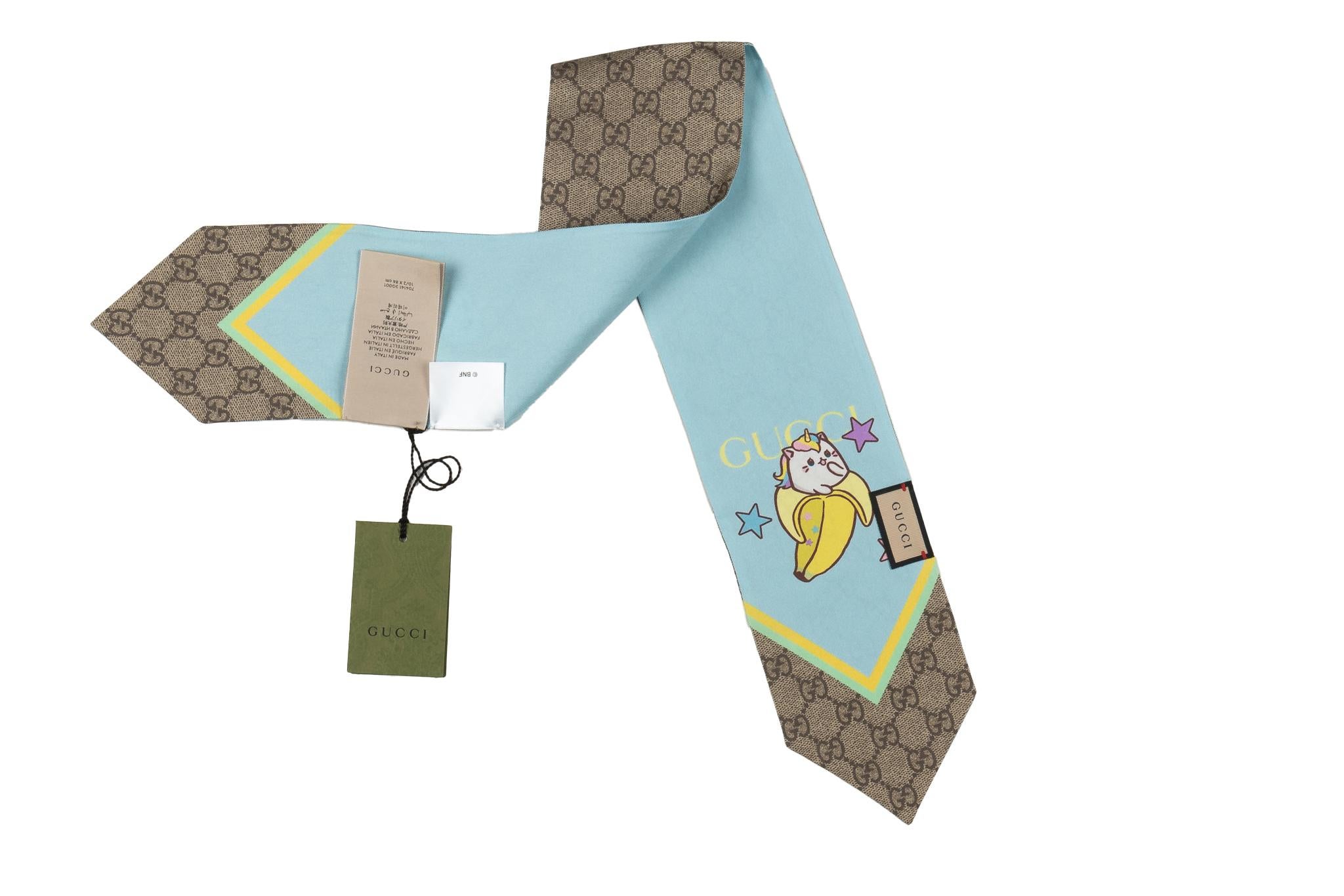 Gucci brand new in unused condition silk bandeau, rainbow and bananya print in celeste and original guccissima print. 
Comes with tag and booklet, no box.