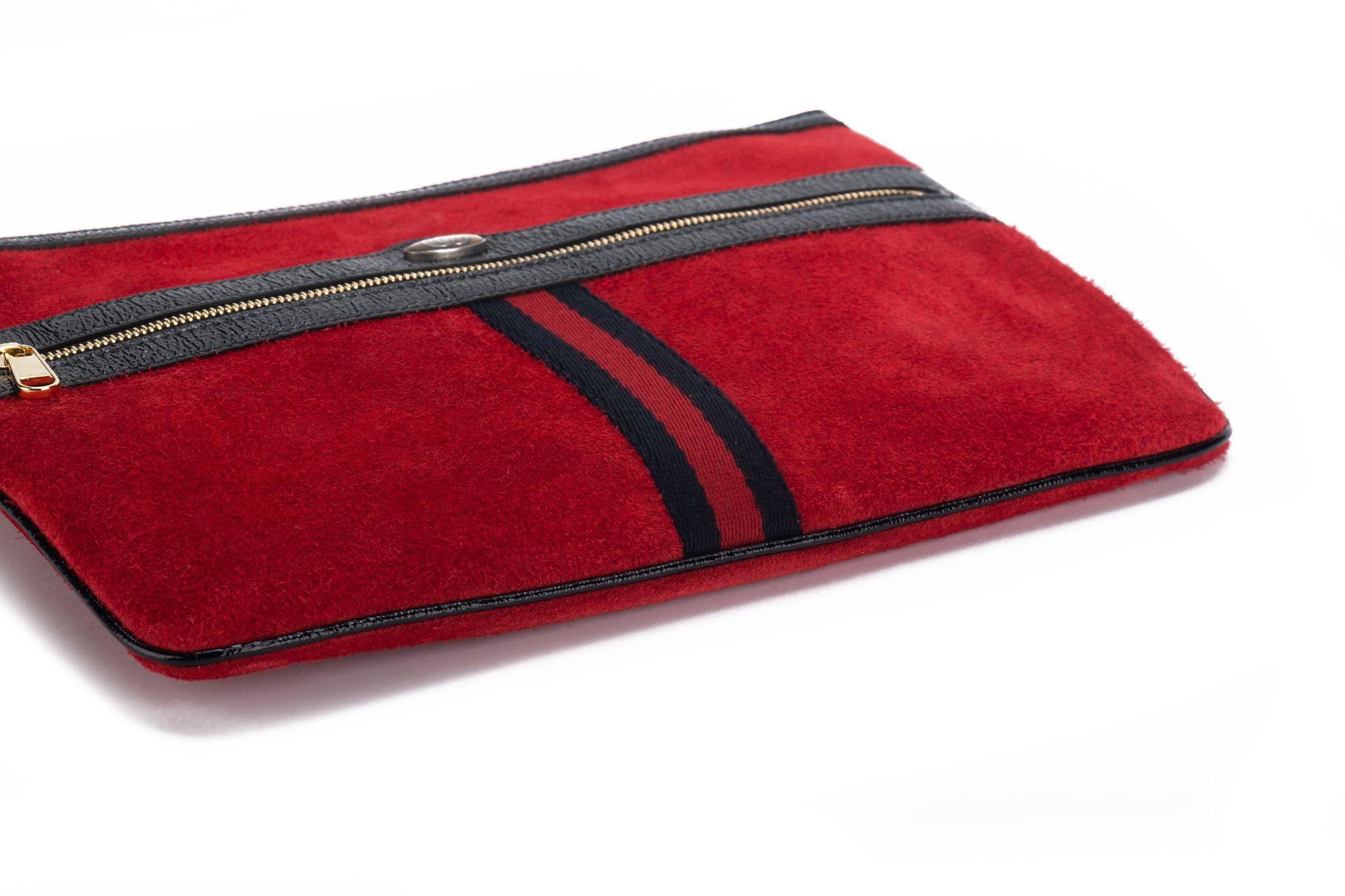 Gucci New Red Suede/Black Patent Clutch For Sale 1