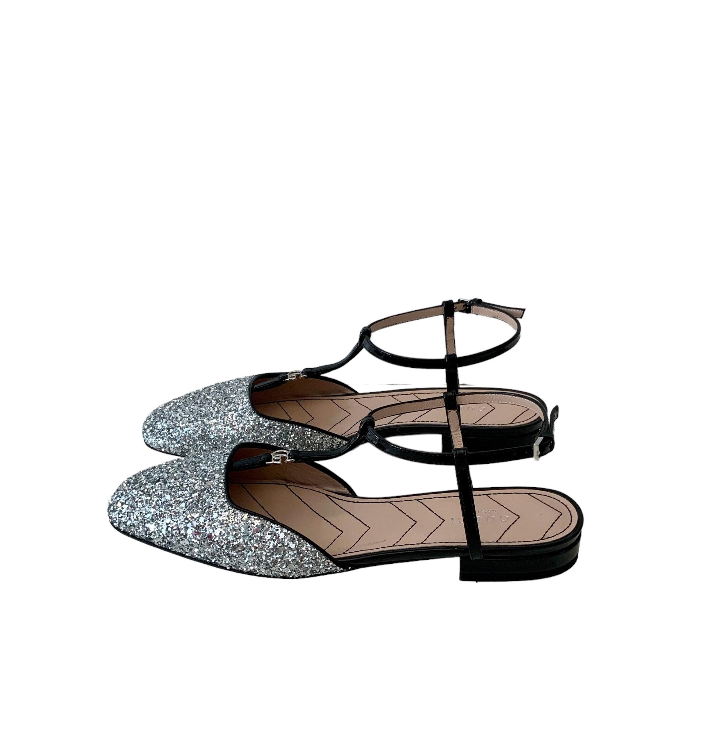 Gucci New Silver Glitter Double G Ballet Flats For Sale 1