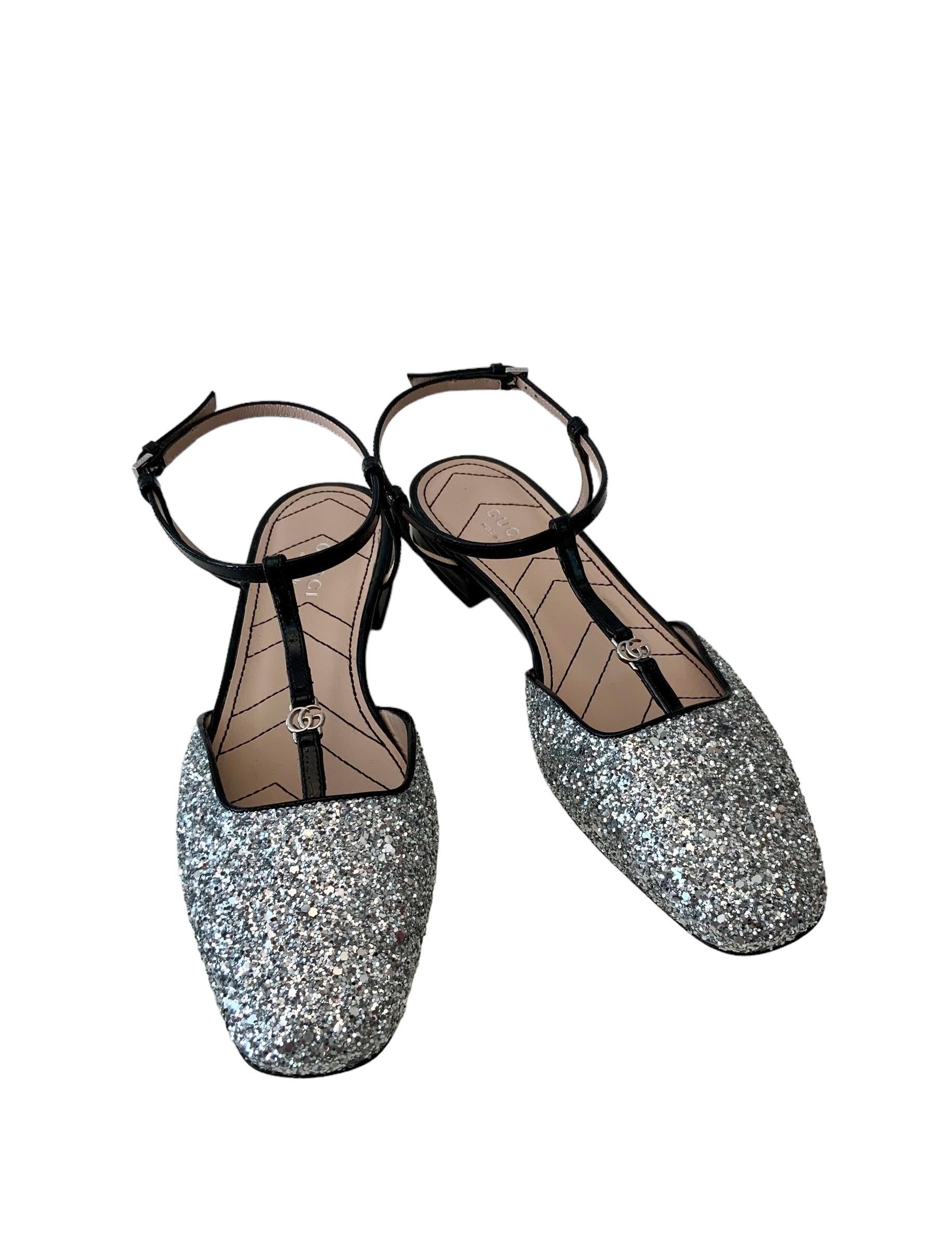 Gucci New Silver Glitter Double G Ballet Flats 3