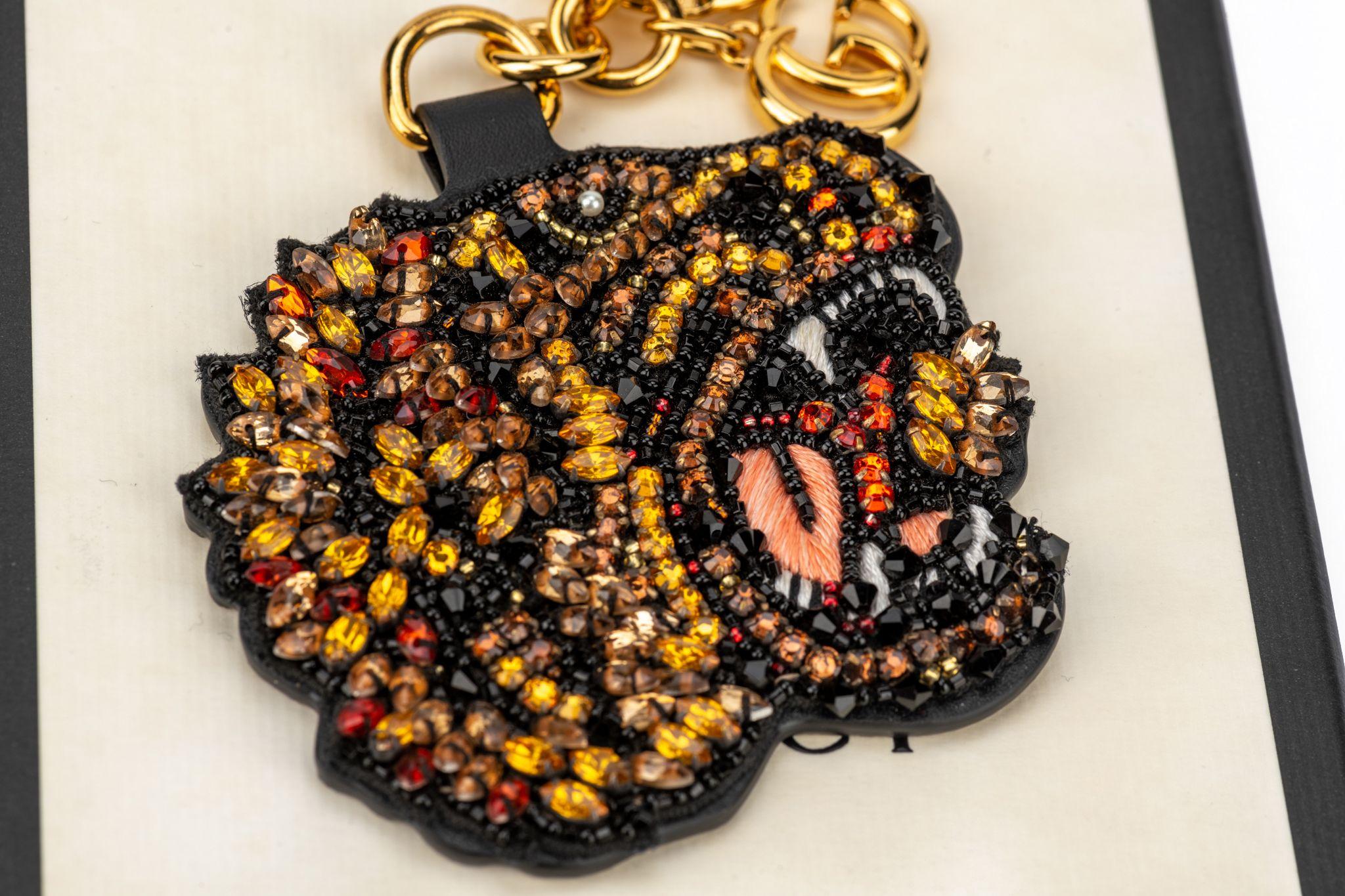 Beige Gucci New Tiger Beaded Logo Keychain For Sale