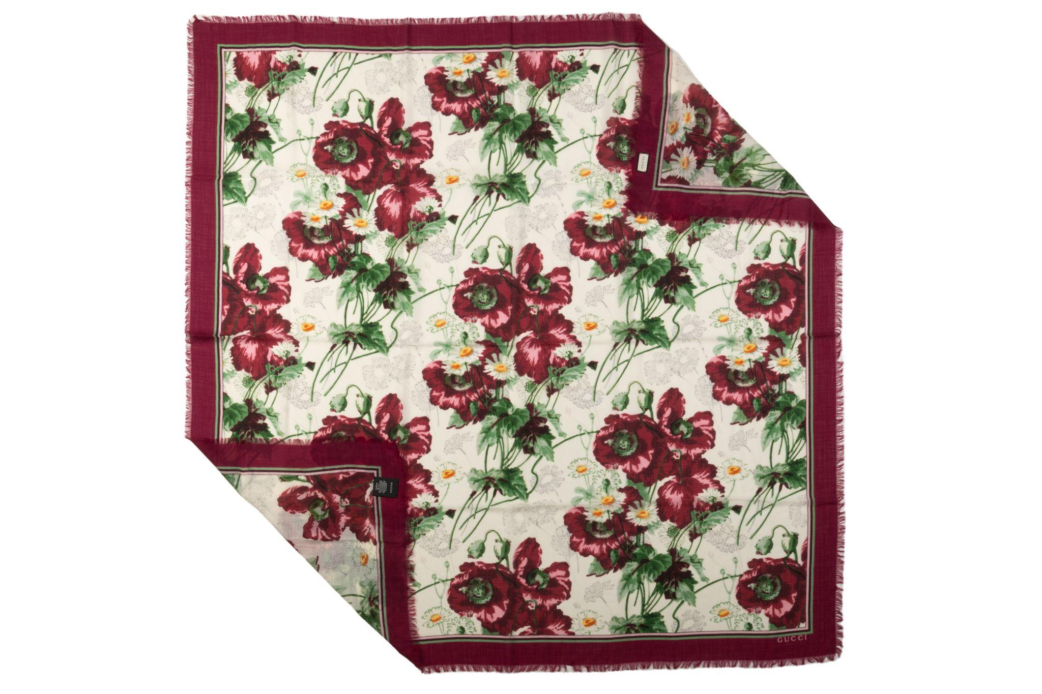 Gucci brand new wool shawl with flower design. Cream , green and burgundy combo. Fringe trim .
