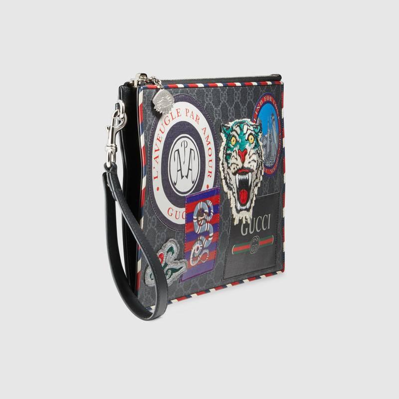 The concept of travel continues to be a source of inspiration for the House. The Gucci Courrier collection—introduced in Pre-Fall 2017—is updated in black and grey GG Supreme canvas. The GG motif is enriched with a blend of contemporary embroideries