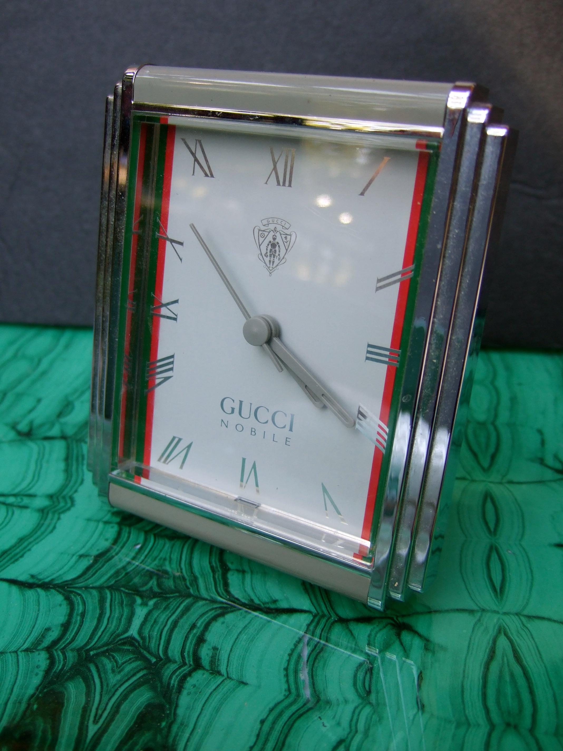 Gucci Nobile Silver Metallic Molded Resin Framed Battery Table Clock c 1980s 3