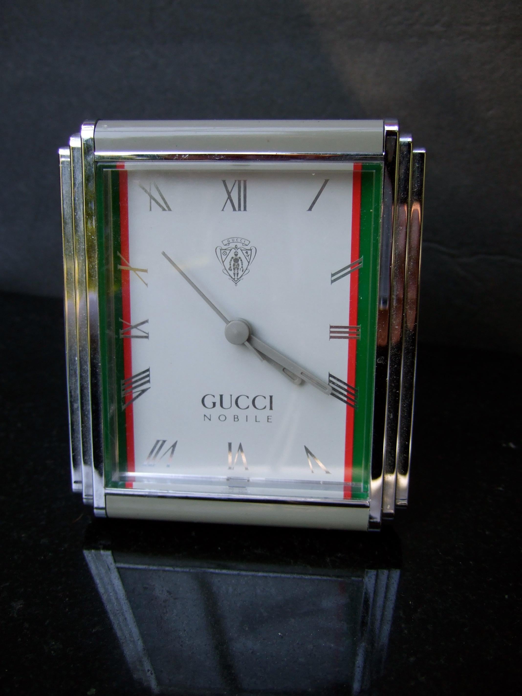 Gucci Nobile Silver Metallic Molded Resin Framed Battery Table Clock c 1980s 1