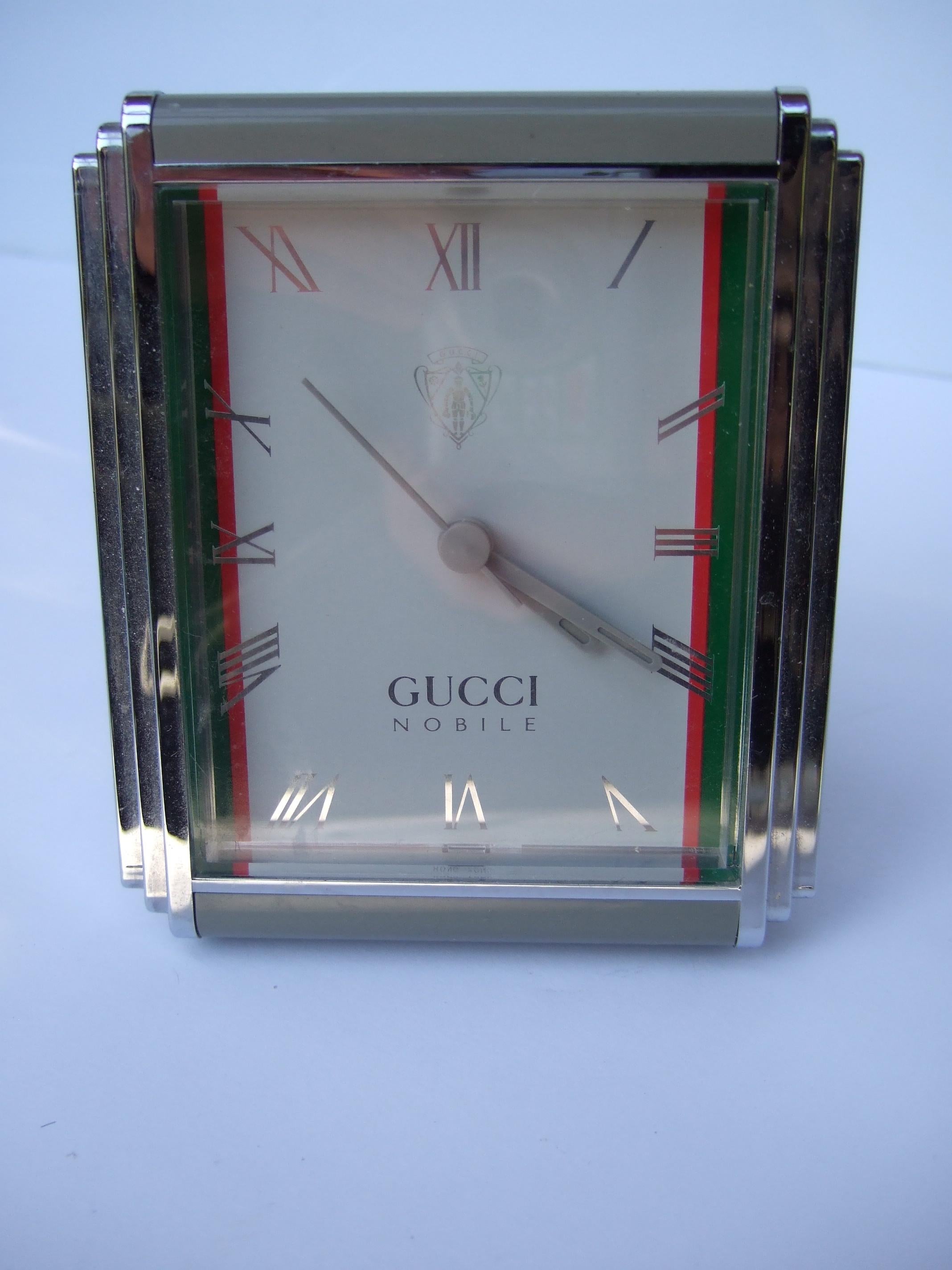 Gucci Nobile Silver Metallic Molded Resin Framed Battery Table Clock c 1980s 2