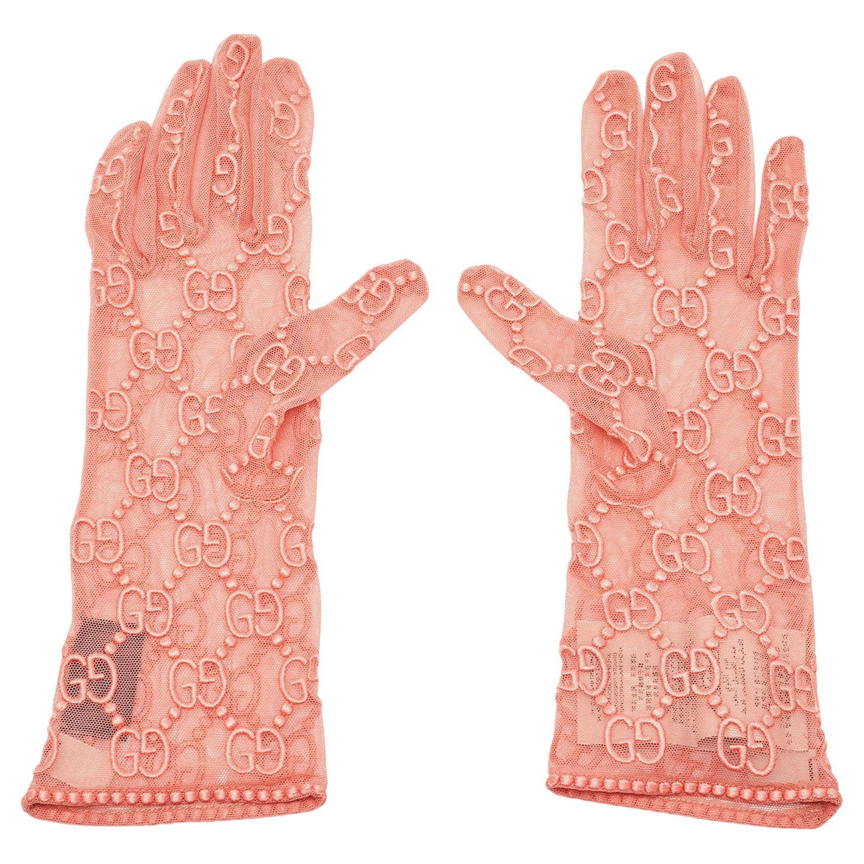 Gucci Nojum Pink Logo Embroidered Tulle Gloves L