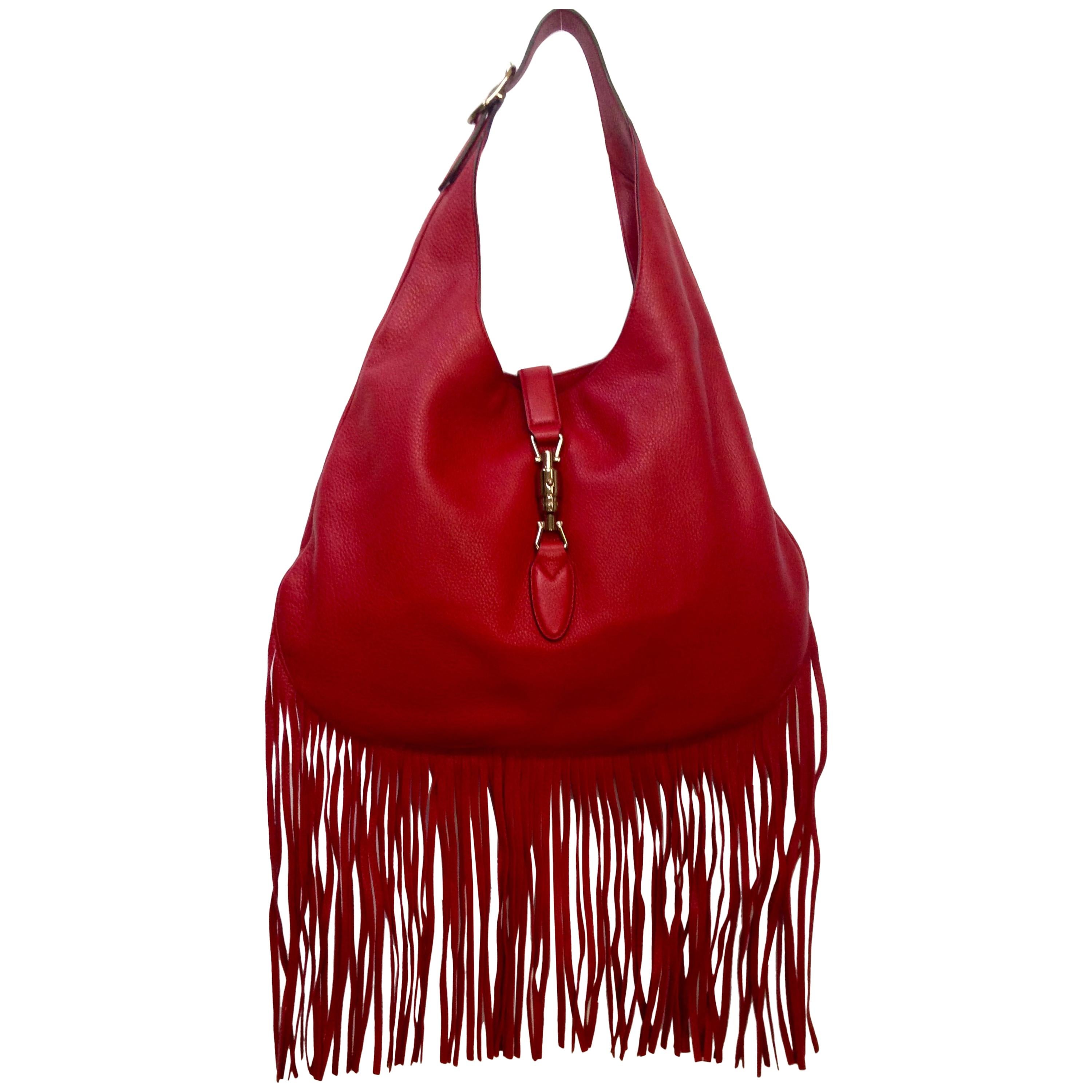 Gucci Nouveau "Jackie" Red Leather Fringe Hobo Bag