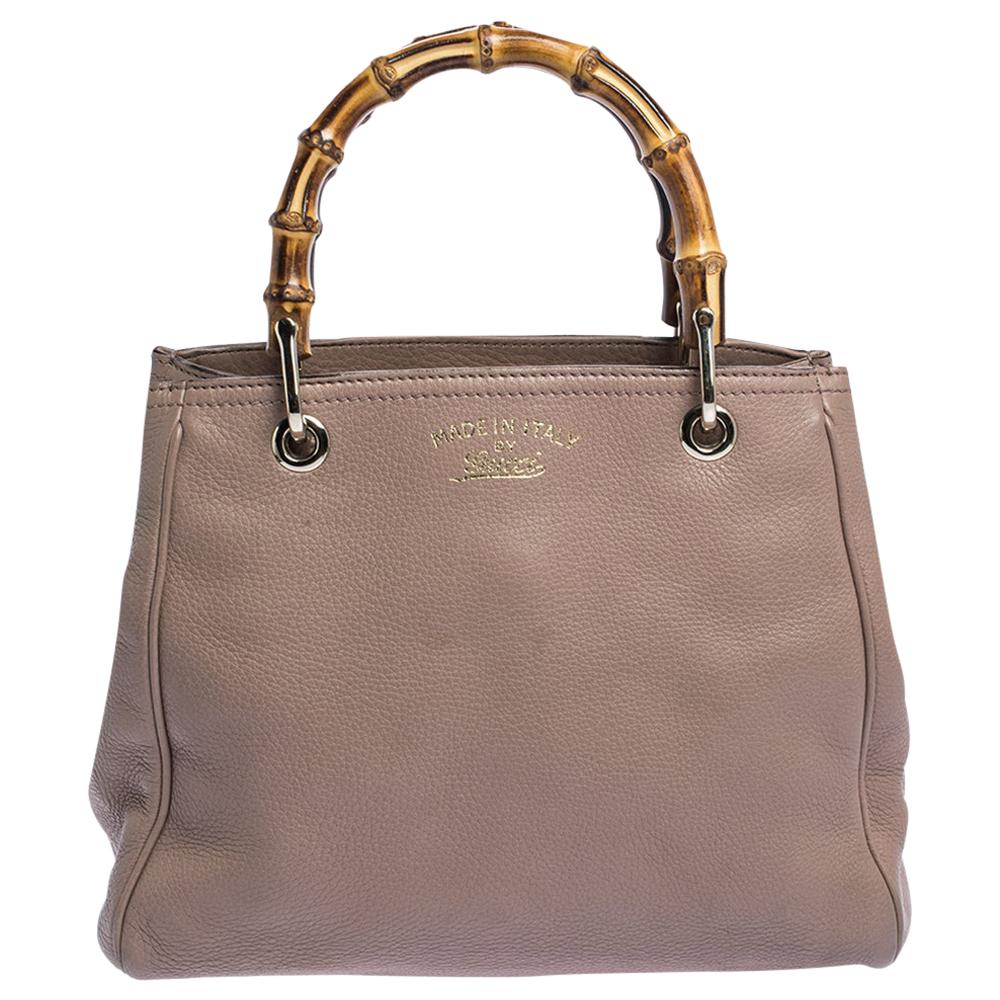 Gucci Nude Beige Leather Bamboo Handle Tote