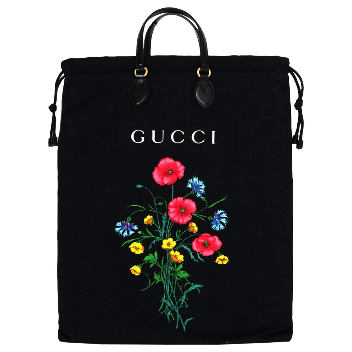 Gucci NWT Black Canvas Drawstring Tote Bag w/ Chateu Marmont and Floral ...