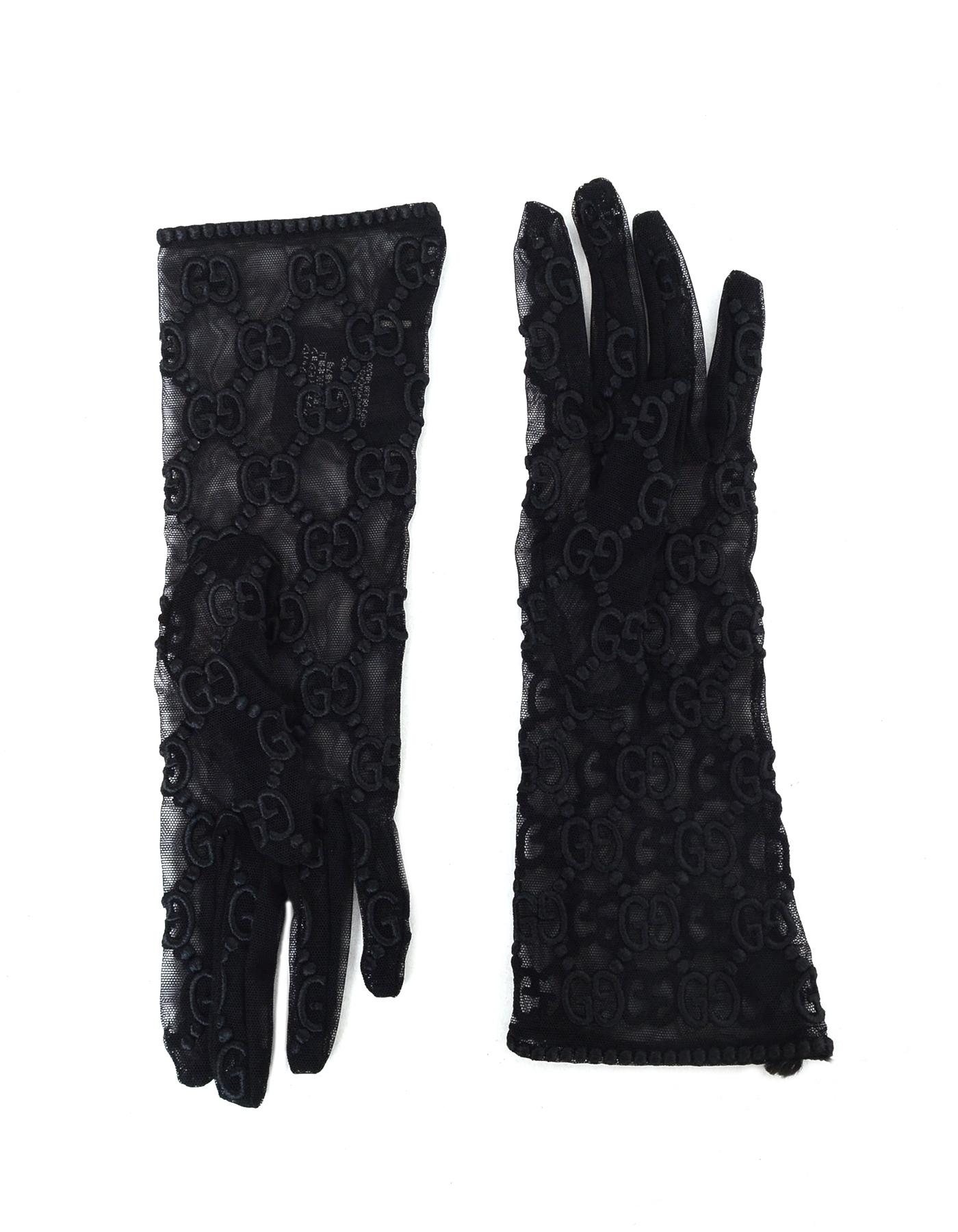 Gucci NWT Black Tulle Gloves W/ GG Monogram Motif Sz 8.5 (L) Neuf à New York, NY