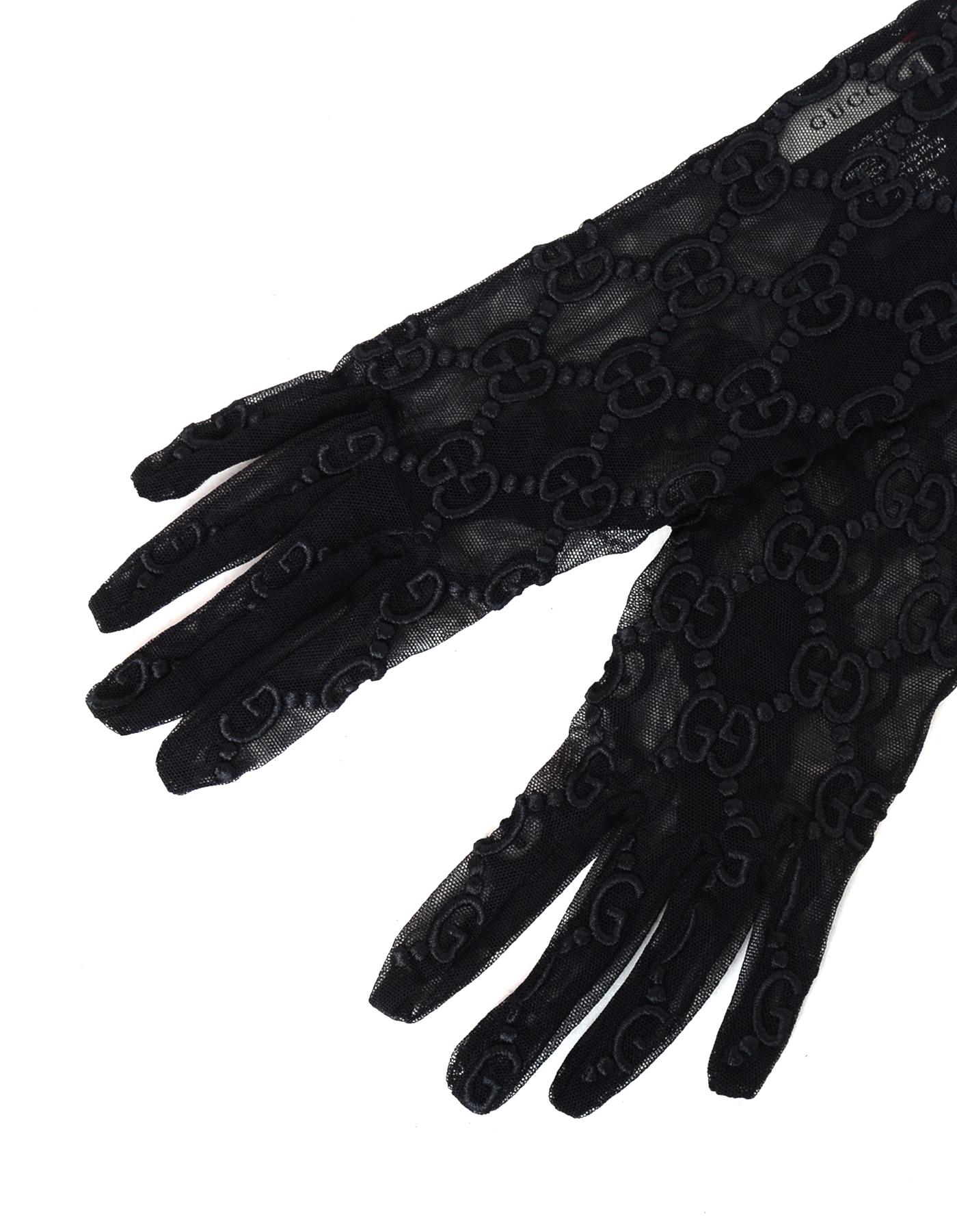  Gucci NWT Black Tulle Gloves W/ GG Monogram Motif Sz 8.5 (L) Pour femmes 