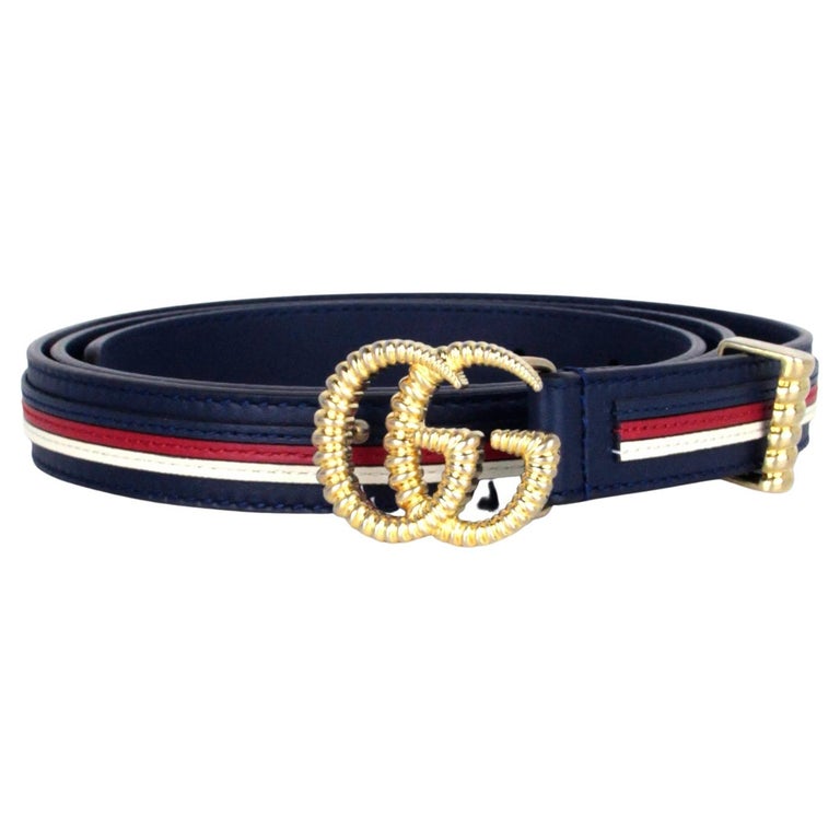 Gucci Ceinture fine Marmont avec logo GG bleu/rouge/blanc, neuve avec  étiquette, taille 95/38" En vente sur 1stDibs