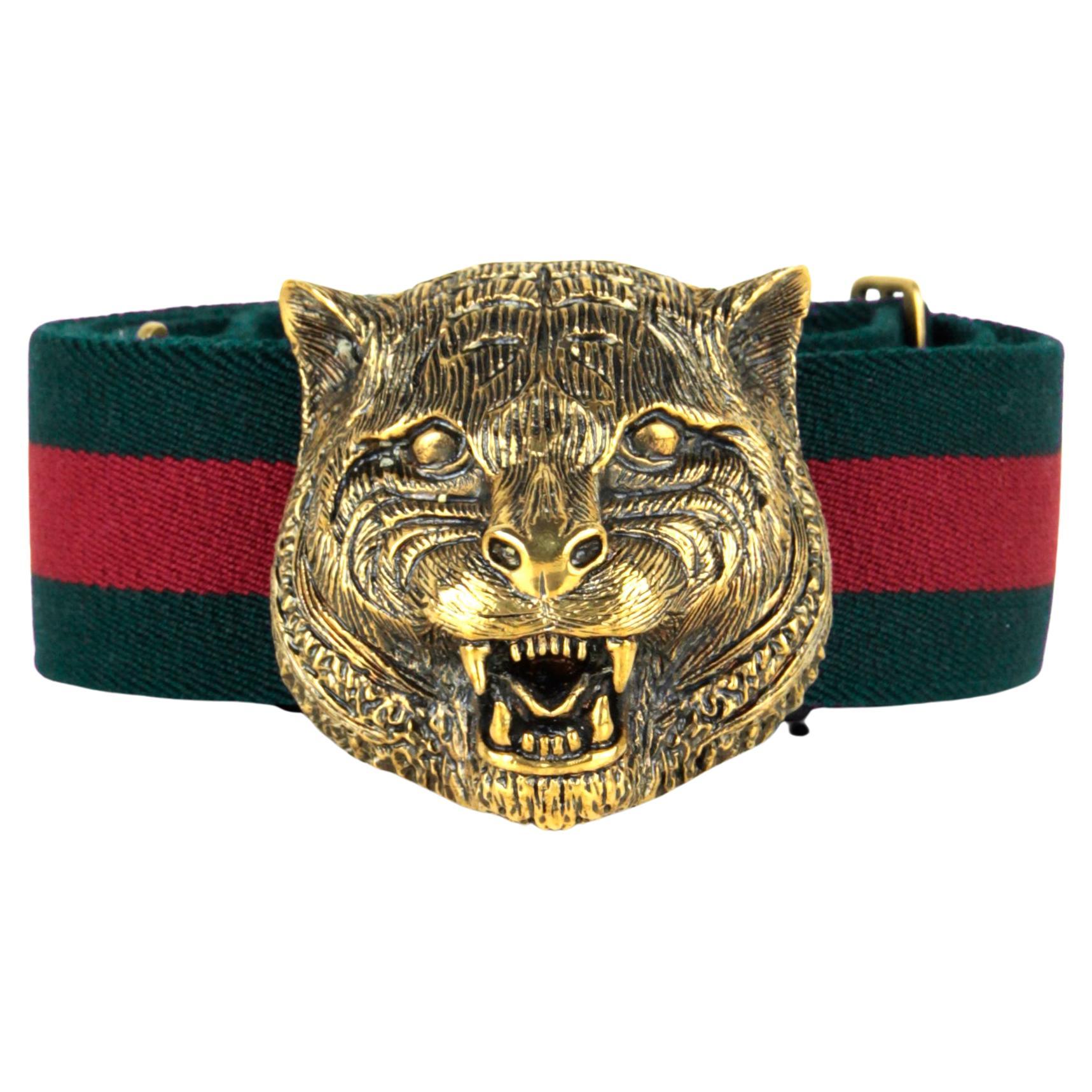 Gucci NWT Green/Red Web Tiger Head Buckle Belt sz 85/ 34" at 1stDibs