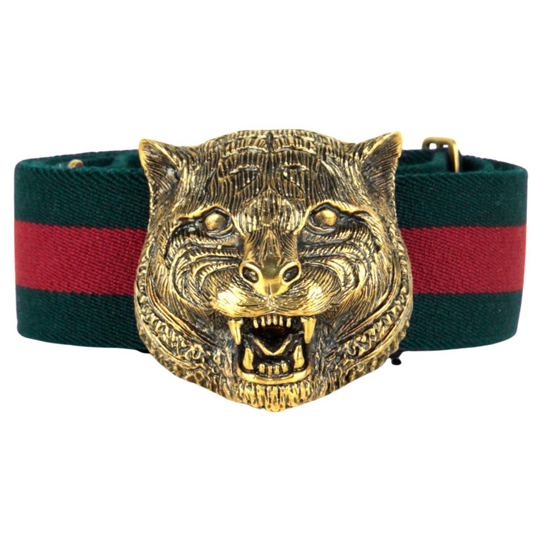 Gucci NWT Green/Red Web Tiger Head Buckle Belt sz 85/ 34" at 1stDibs