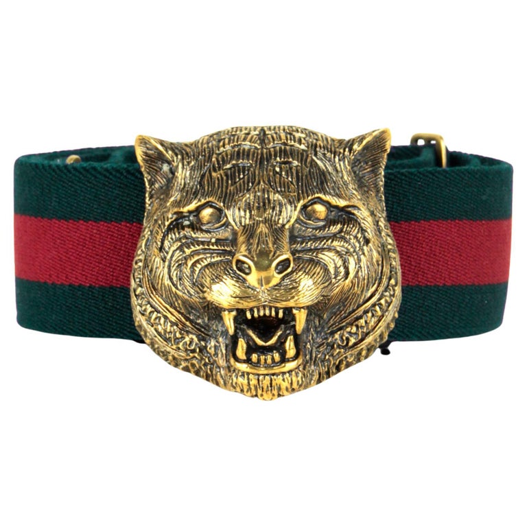 Gucci NWT Green/Red Web Tiger Head Buckle Belt sz 85/ 34 display picture 3