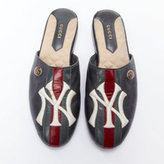 GUCCI NY Yankees black green red leather slip on mules flats EU38.5