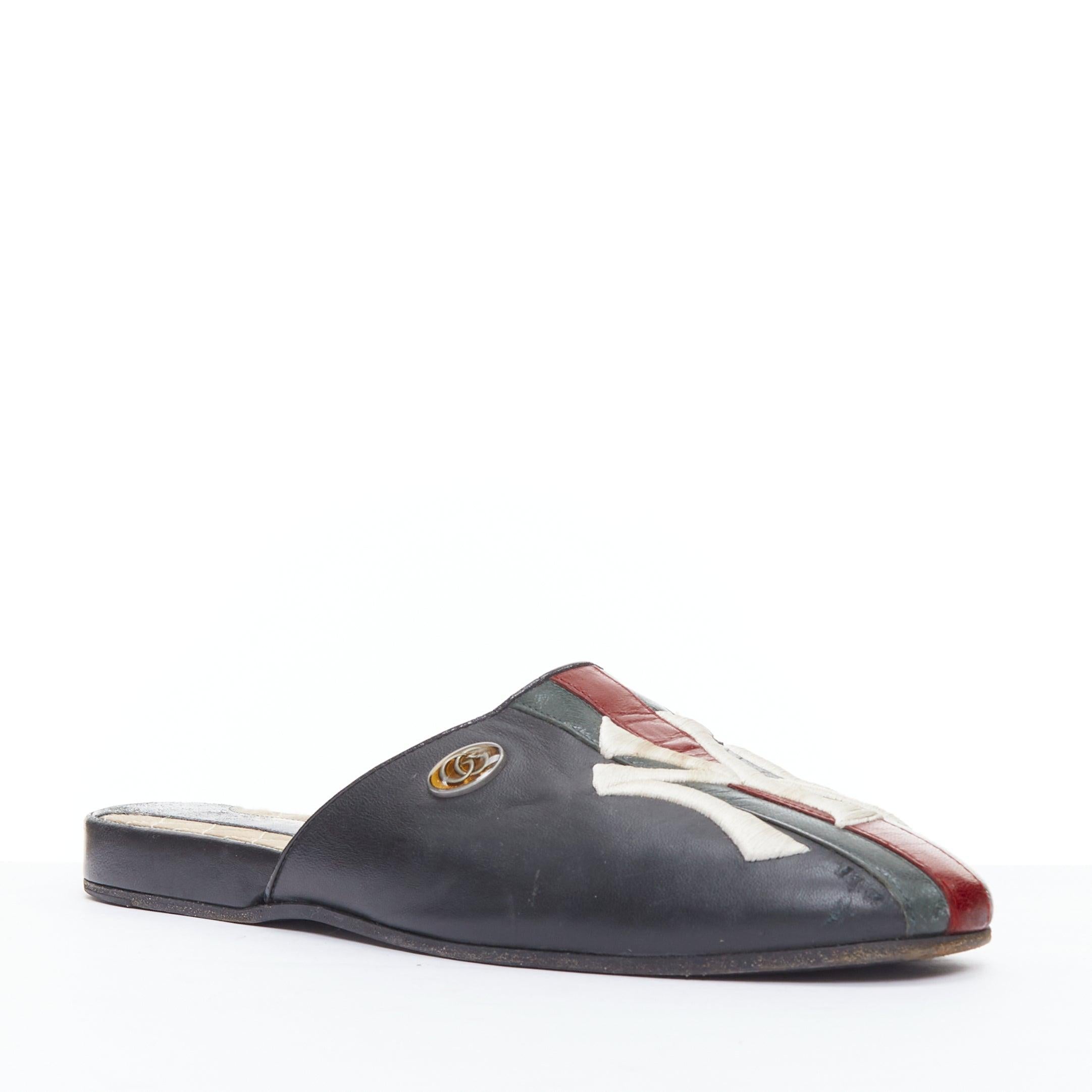 Gray GUCCI NY Yankees black green red leather slip on mules flats EU38.5