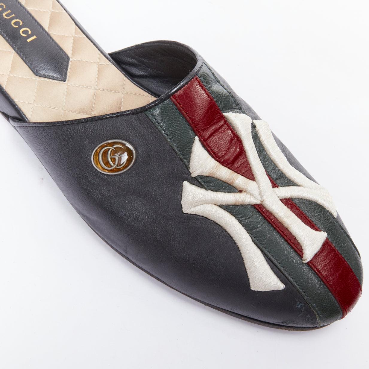 GUCCI NY Yankees black green red leather slip on mules flats EU38.5 2