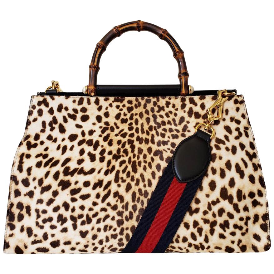 GUCCI Nymphaea Leopard Print Large Leather Bag For Sale