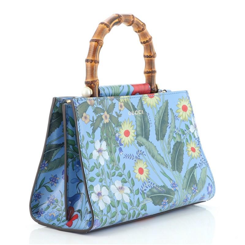 Blue Gucci Nymphaea Top Handle Bag Floral Print Leather Mini