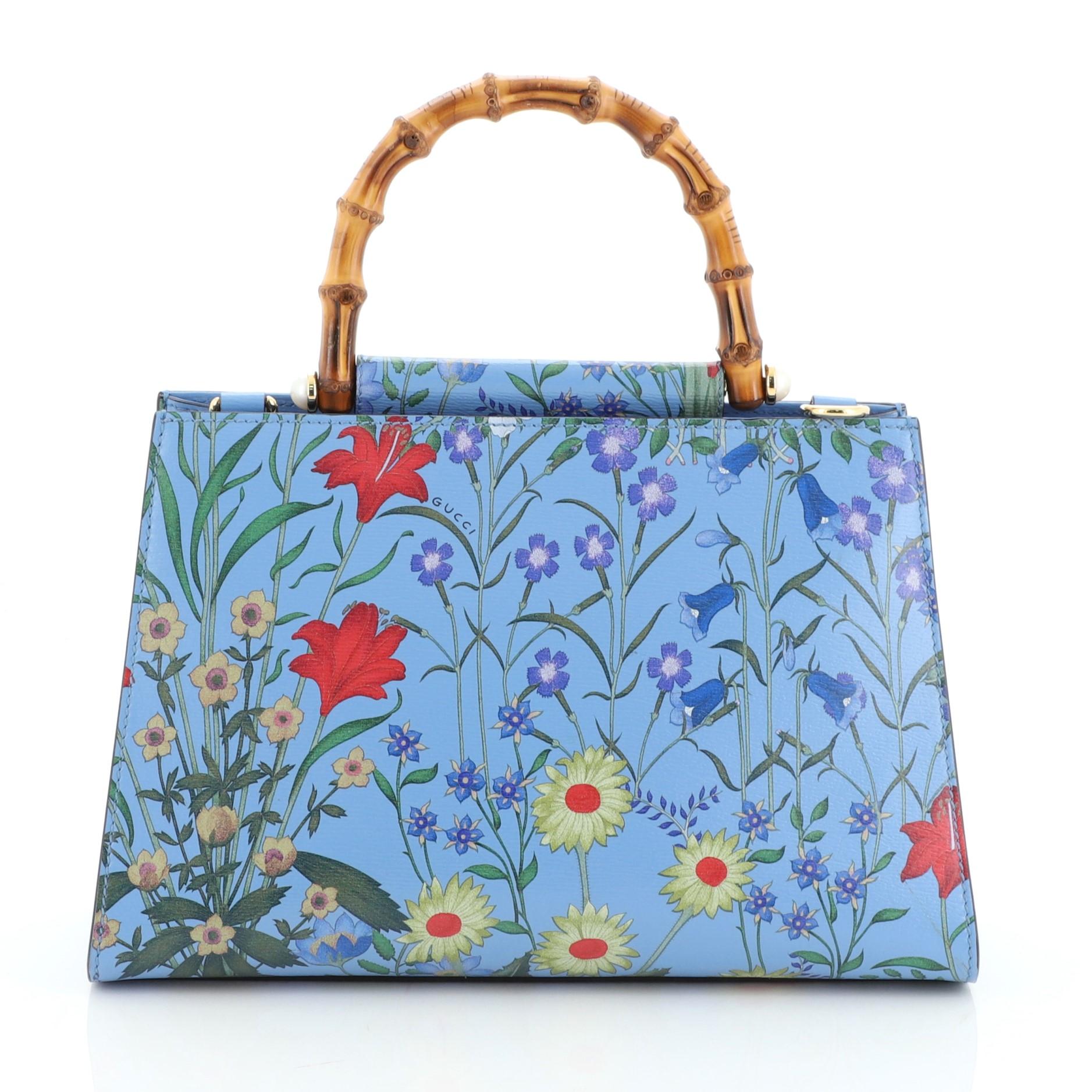 Blue Gucci Nymphaea Top Handle Bag Floral Printed Leather Small