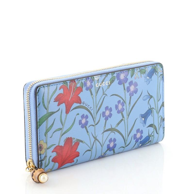 Blue Gucci Nymphaea Zip Around Wallet Flora Leather