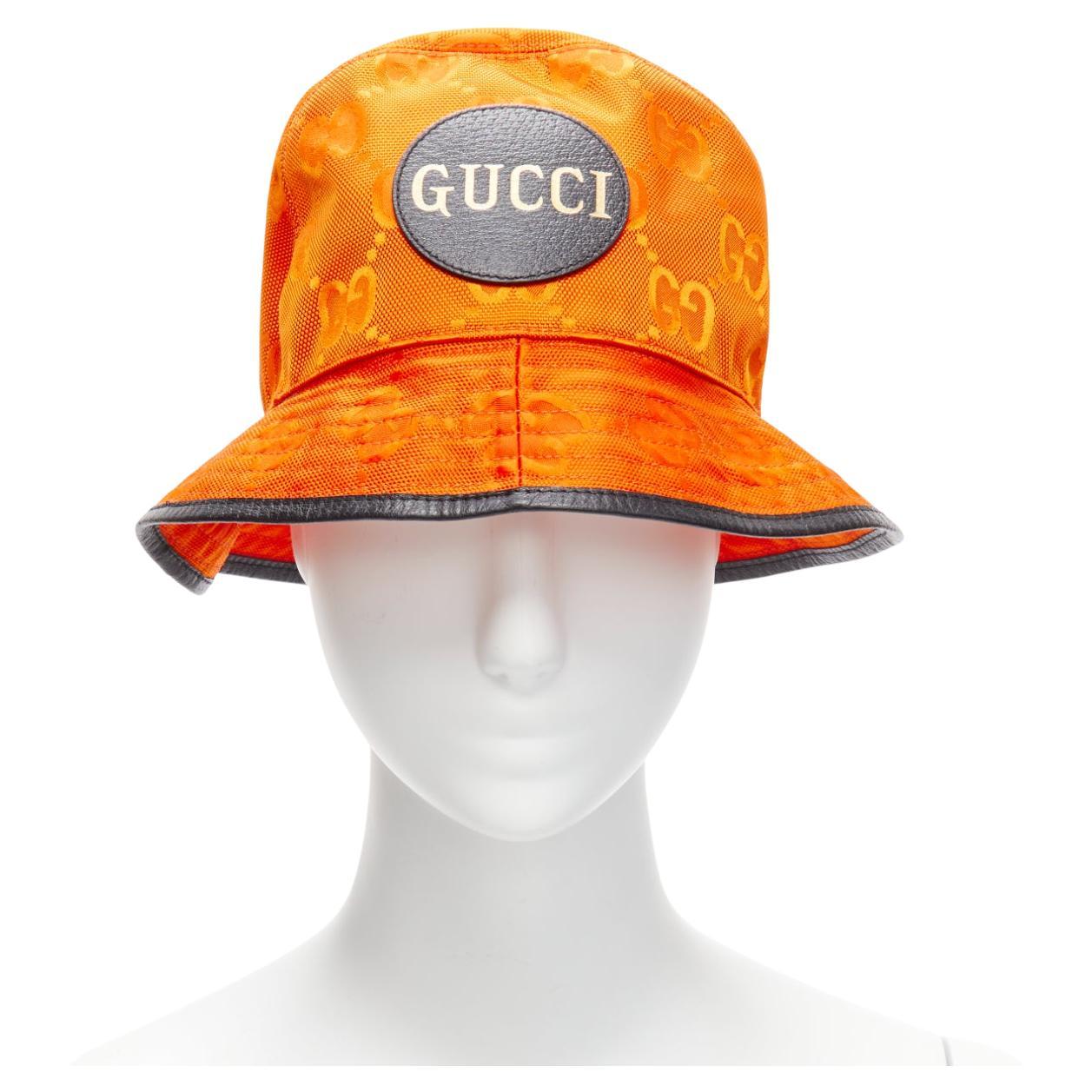 GUCCI Off The Grid orange GG monogram leather trim bucket hat M For Sale