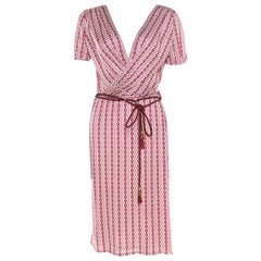 Gucci Off White and Burgundy Chain Printed Plunge Neck Belted Wrap Dress S