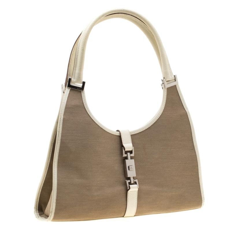 Gucci Off White/Beige Canvas and Leather Bardot Shoulder Bag In Fair Condition In Dubai, Al Qouz 2