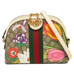 Gucci Off White/Beige Floral GG Supreme Canvas Small Ophidia Shoulder Bag