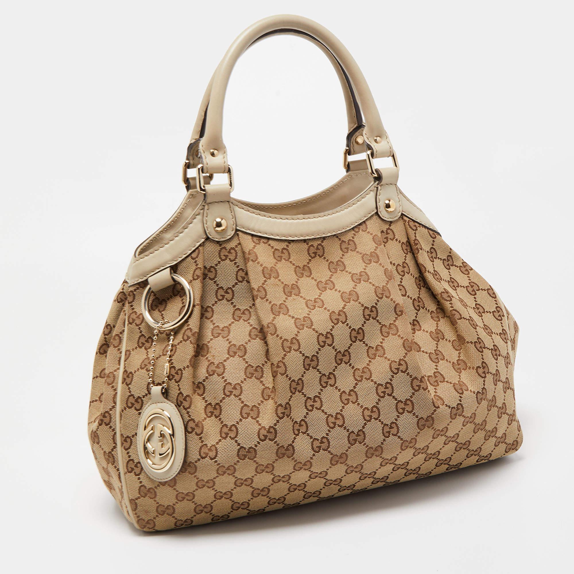 Brown Gucci Off White/Beige GG Canvas and Leather Medium Sukey Tote For Sale