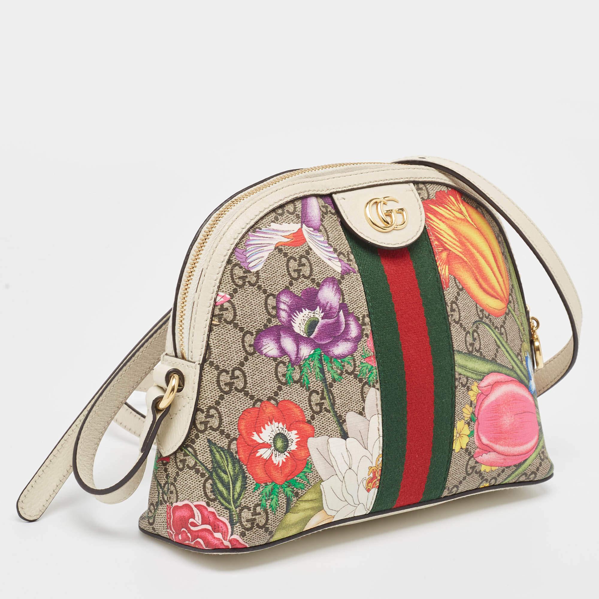 Brown Gucci Off White/Beige GG Supreme Canvas Small Floral Ophidia Shoulder Bag
