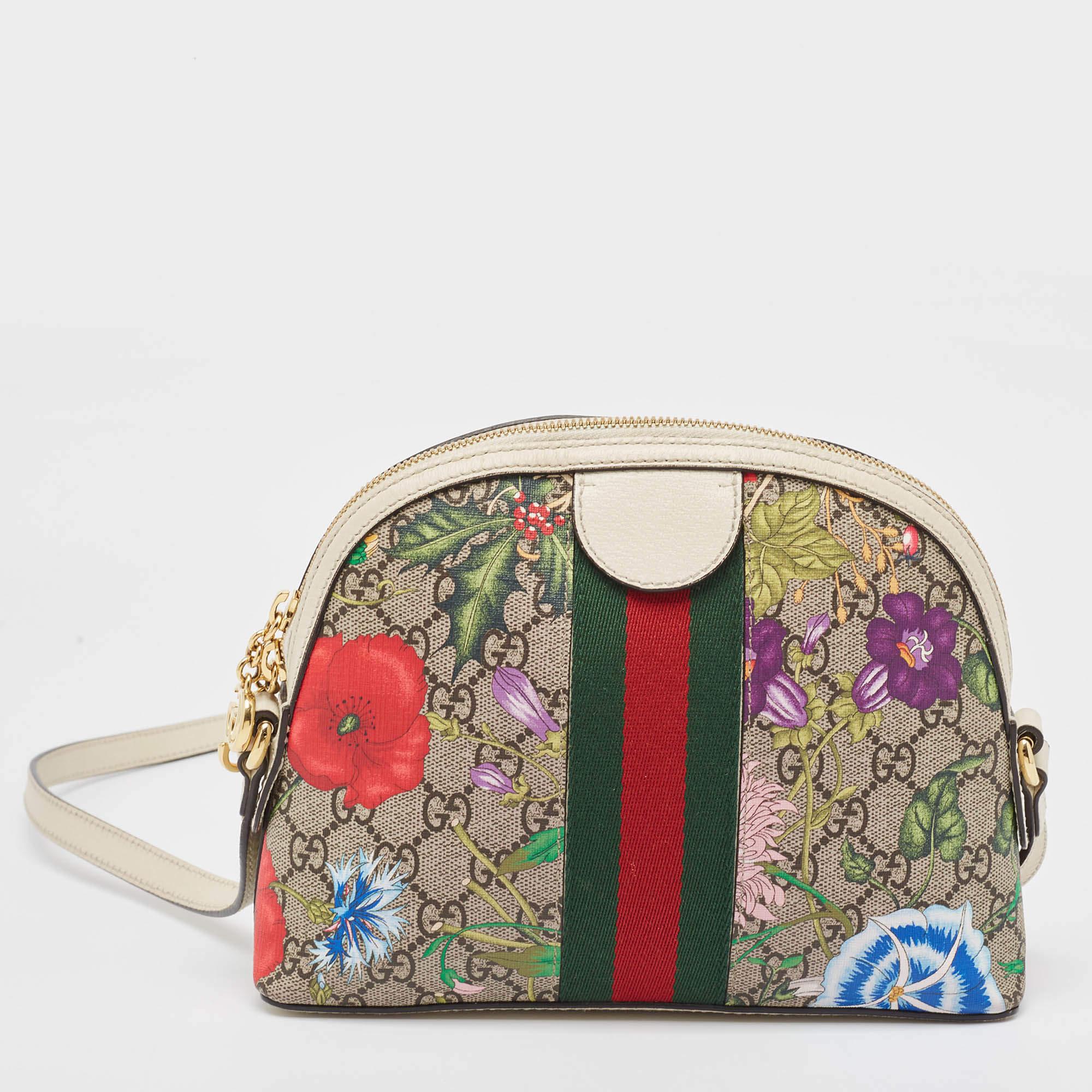 Gucci Off White/Beige GG Supreme Canvas Small Floral Ophidia Shoulder Bag 2