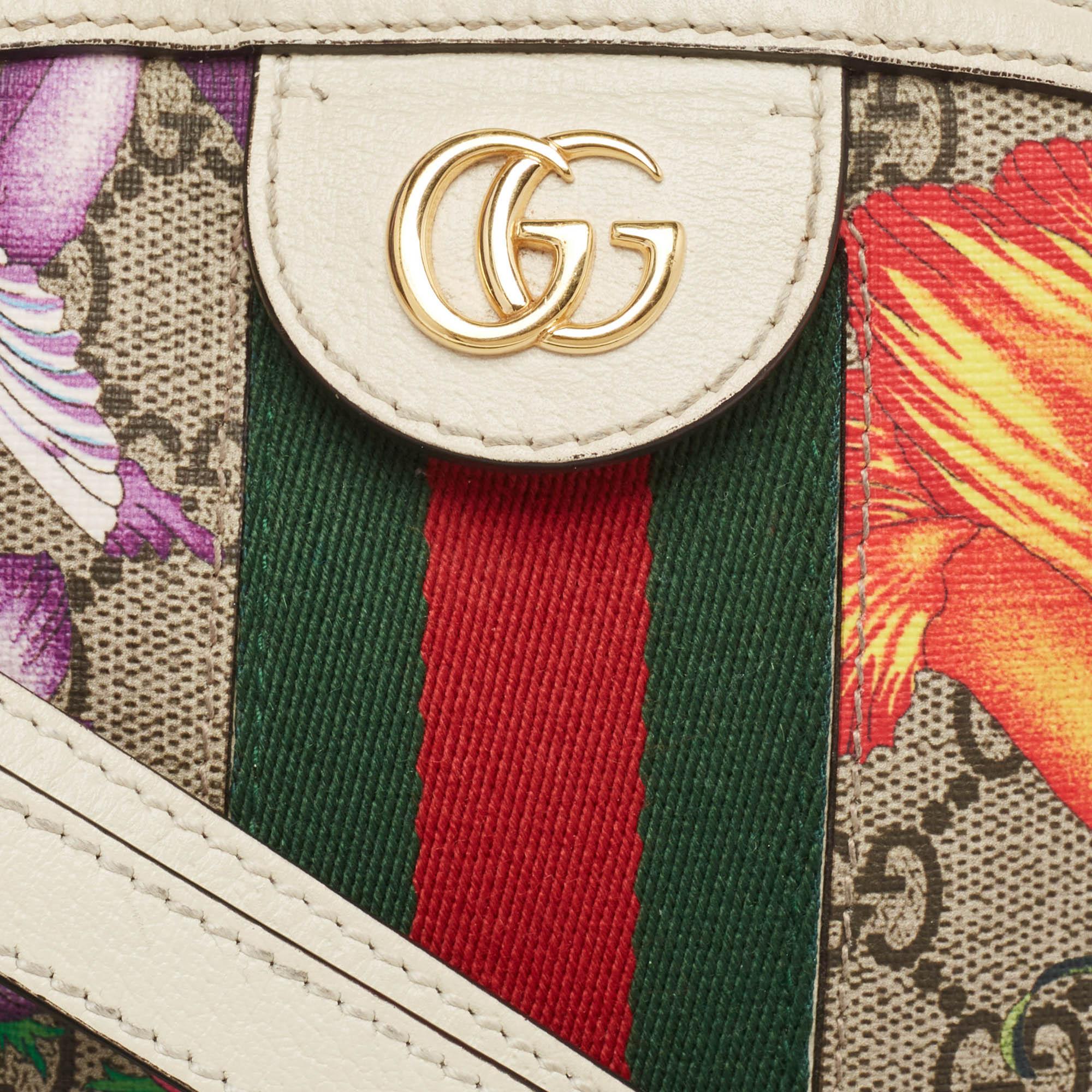 Gucci Off-White/Beige GG Supreme Canvas Small Floral Ophidia Shoulder Bag en vente 4