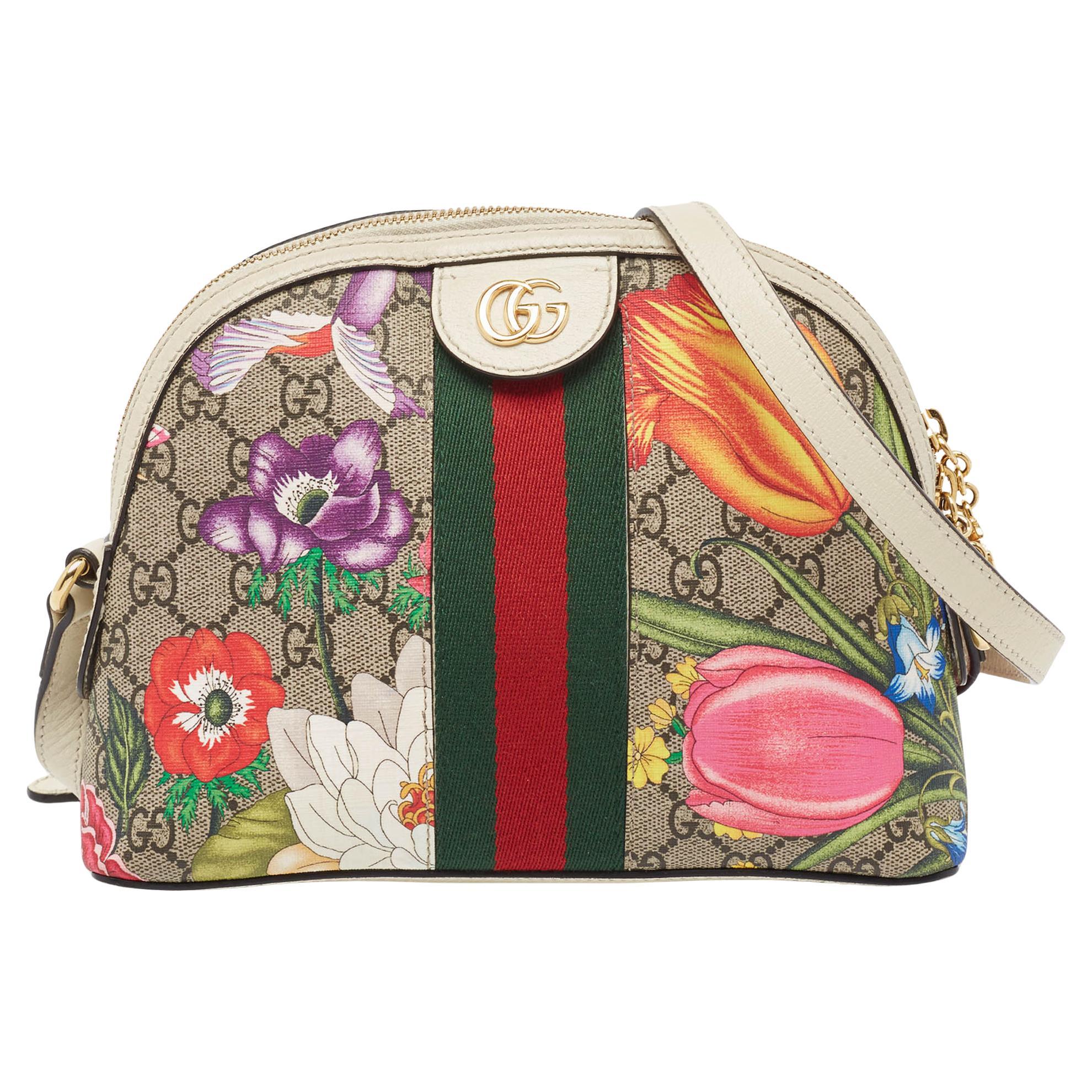 Gucci Off White/Beige GG Supreme Canvas Small Floral Ophidia Shoulder Bag For Sale