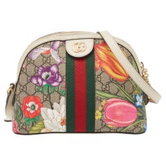 Used Gucci Off White/Beige GG Supreme Canvas Small Floral Ophidia Shoulder Bag