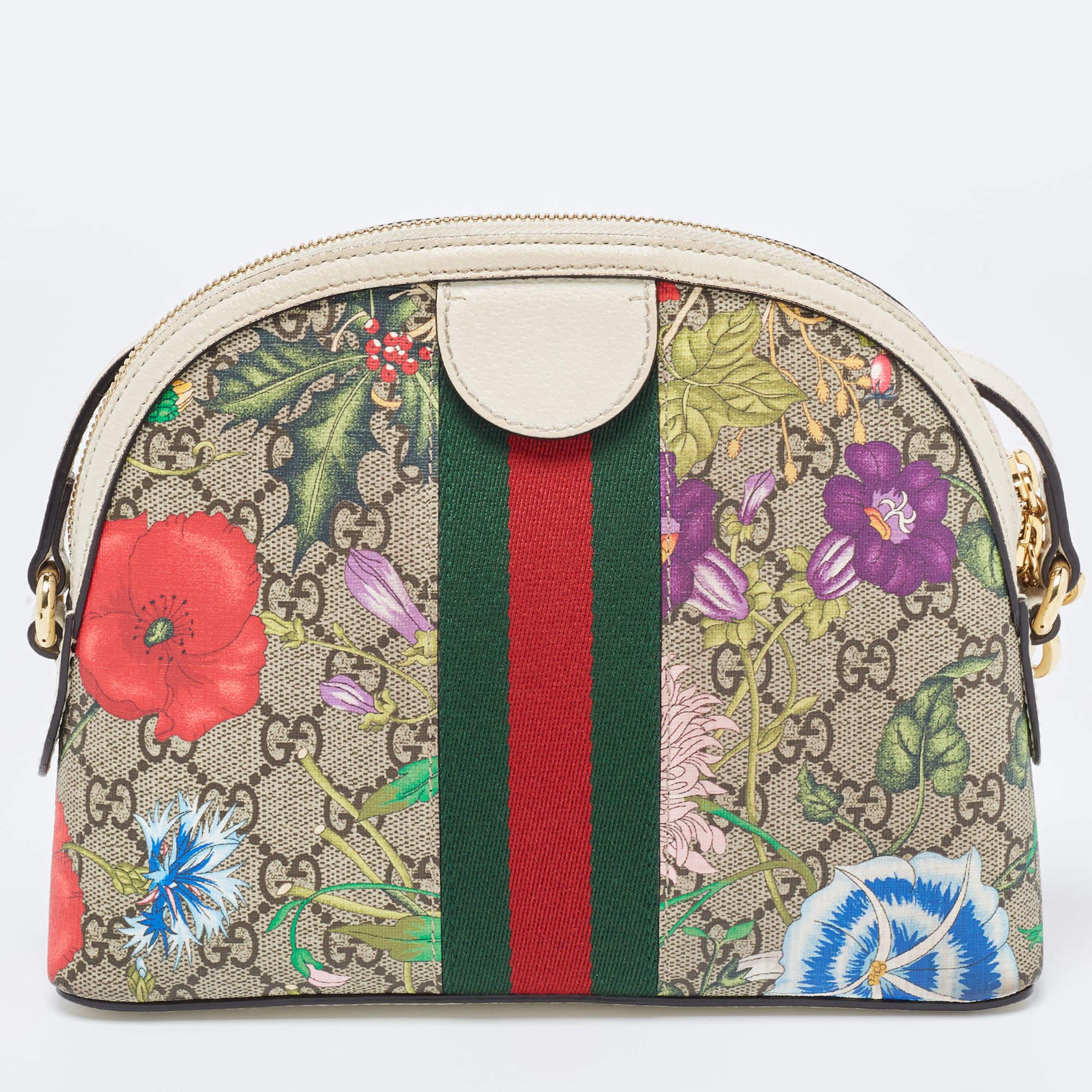 Gucci Off White/Beige GG Supreme Canvas Small Floral Web Ophidia GG Shoulder Bag In Good Condition In Dubai, Al Qouz 2