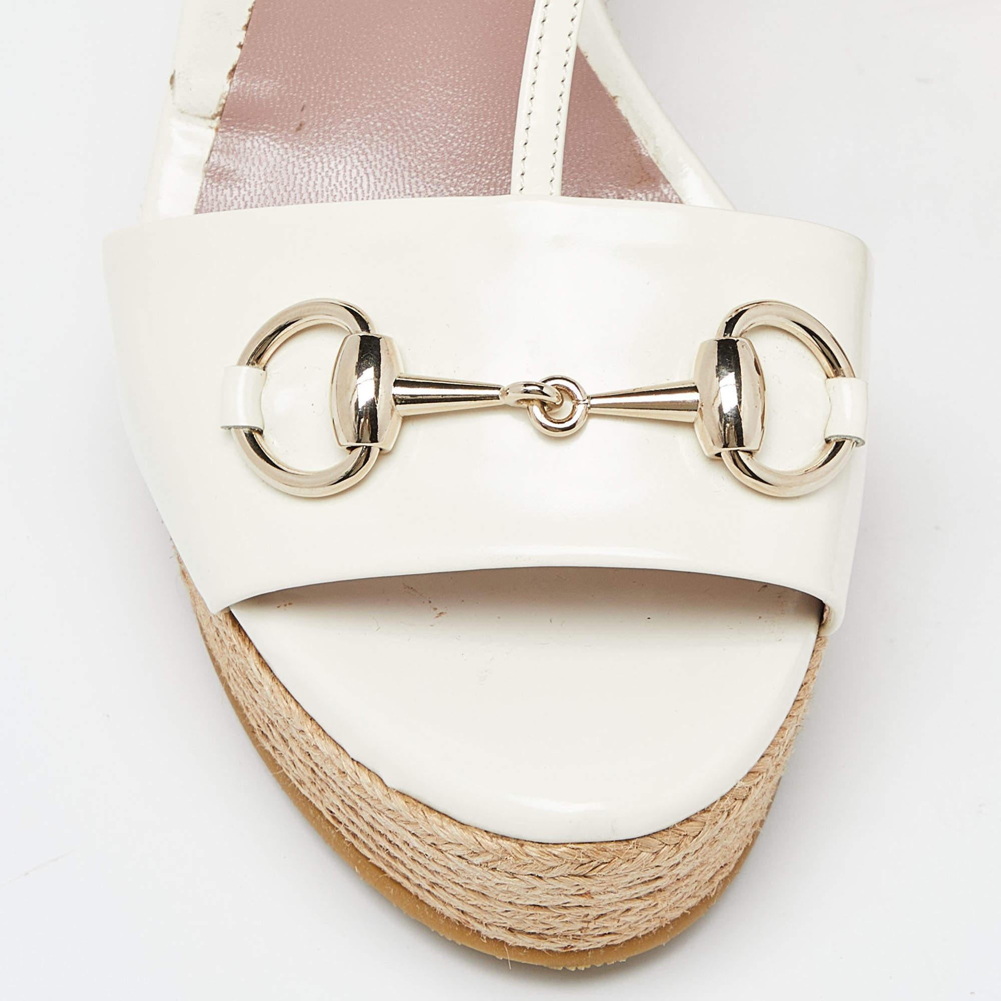 Women's Gucci Off White/Beige Patent Leather Horsebit Wedge Espadrille T- Strap Platform