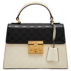 Gucci Off White/Black Guccissima Leather Small Padlock Top Handle Bag
