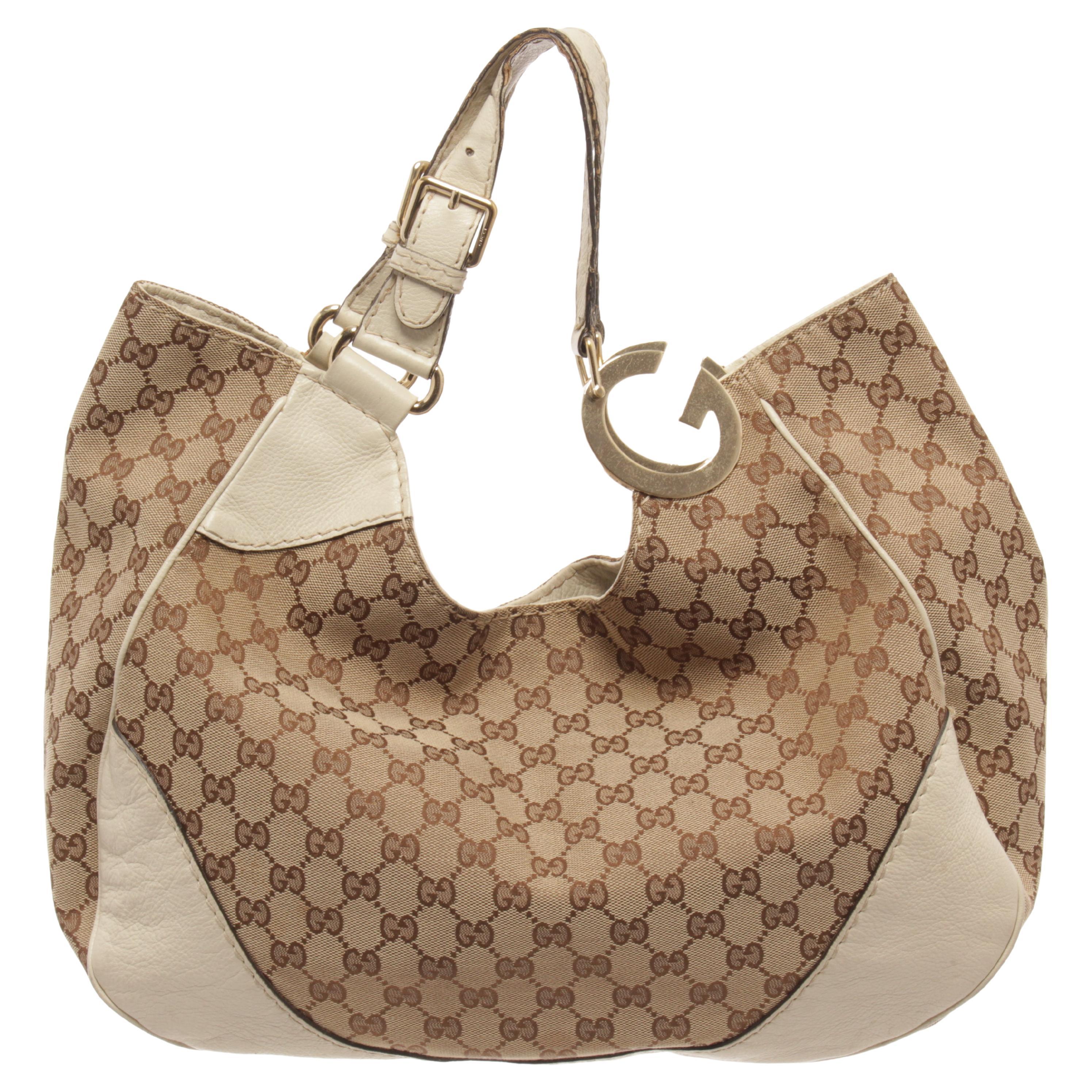 Gucci Off White Brown Canvas Jacquard Shoulder Bag