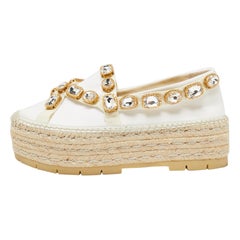 Gucci Off-White Canvas Crystal Embellished Pepita Platform Espadrilles Size 37